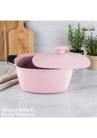 22 Cm Granit Köşeli Derin Tencere Alüminyum Kapak - Pembe Pembe