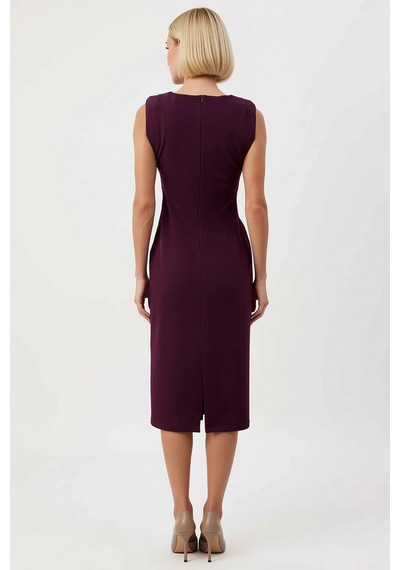 Benerly Kadın V Yaka Düşük Kol Kısa Kollu Bodycon Kalıp Midi Dokuma Elbis Mürdüm