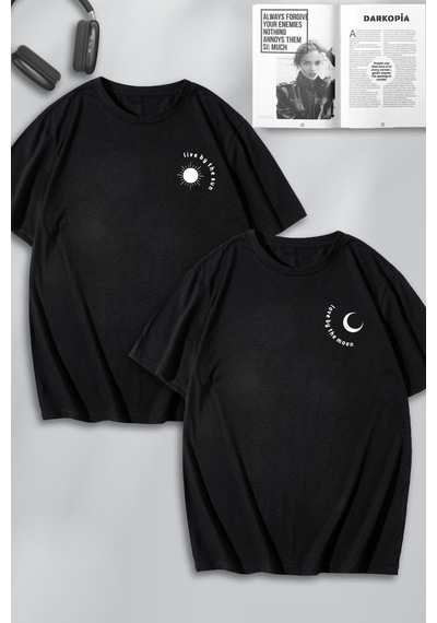 Unisex Kadın Erkek Ay Ve Güneş Göğüs Baskılı Sevgili Çift Kombini Tasarım Oversize Tshirt 2'li Siyah Mck0100 Siyah