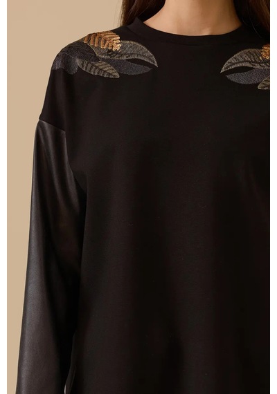 Kadın Omuz Nakışlı Sweatshirt - Siyah Siyah