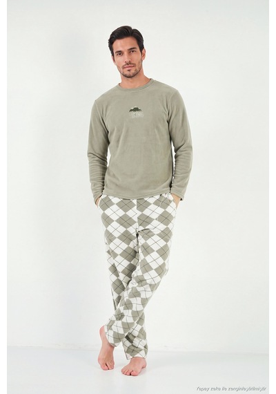 Buratti Ekoseli Bisiklet Yaka Yumuşak Dokulu Polar Pijama Takımı Erkek Pijama Takımı 6097064 Gri