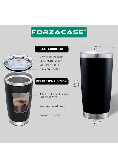 Forzacase Çift Katmanlı Paslanmaz Çelik Pipet Girişli 600ml Sıcak Soğuk Tutan Bardak Termos Mug - Fc1142 Siyah