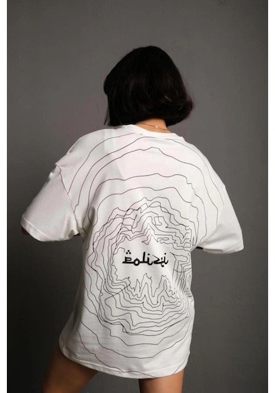 Bisiklet Yakalı Sırt Baskılı Oversize T-shirt - Beyaz -