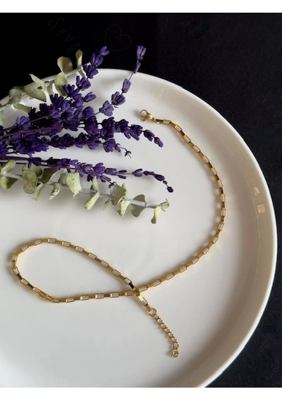 Dikdörtgen Zincirli Gold Choker Çelik Kolye Choker Serisi