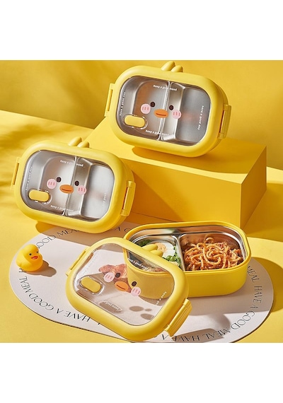 Valkyrie 304 Paslanmaz Çelik Çocuk Beslenme Kabı Kedili Termal Çantalı 2 Bölmeli Lunch Box Yemek Kabı Sarı