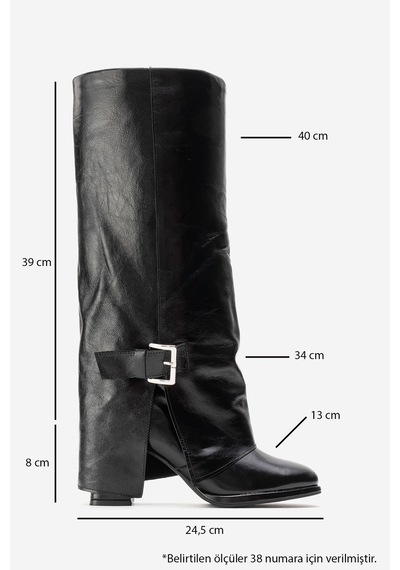Luvishoes Lojo Siyah Kırışık Rugan Hakiki Deri Tokalı Kadın Kalın Topuklu Çizme Siyah