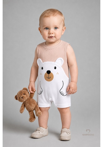 Babyden's Erkek Bebek Yazlık Ayıcık Baskılı Fitilli Tulum %100 Pamuk Kolsuz Şort Tulum Yenidoğan Bebek Romper 0-9 Ay Bej