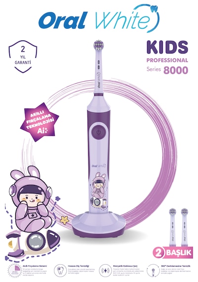 Oral White Professional Series 8000 Çocuklara Özel Şarjlı Diş Fırçası Mor Color Kids Yumuşak Başlık
