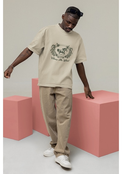 Noıssey Chase The Wind- Oversize Baskılı Pamuklu Bisiklet Yaka Kısa Kollu T-shirt Bej
