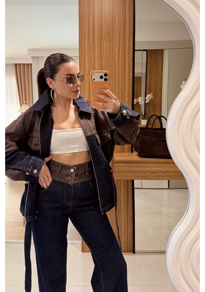 Brtc Design Kadın Kahverengi Çift Renk Denim Kuşaklı İkili Takım