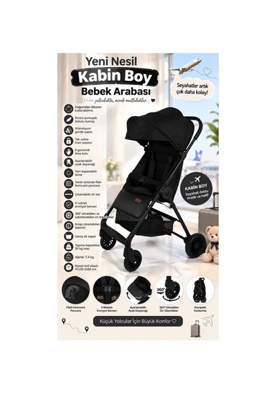 Yeni Nesil 2026 Model Ebeveyn Kontrol Penceresi Kabin Boy Bebek Arabası Siyah