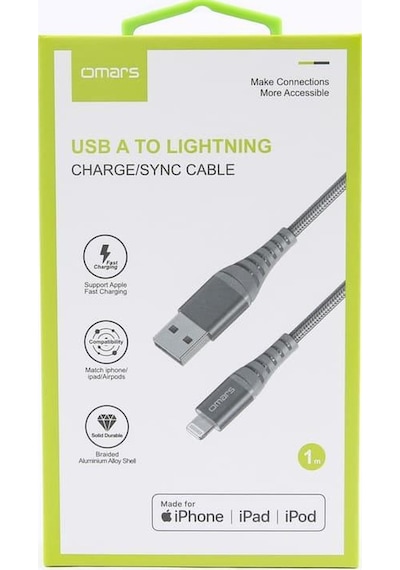 Omars MFI Sertifikalı USB to Lightning iPhone / Apple Uyumlu iPad  Hızlı Şarj ve Data Kablosu 1 Metre Gri