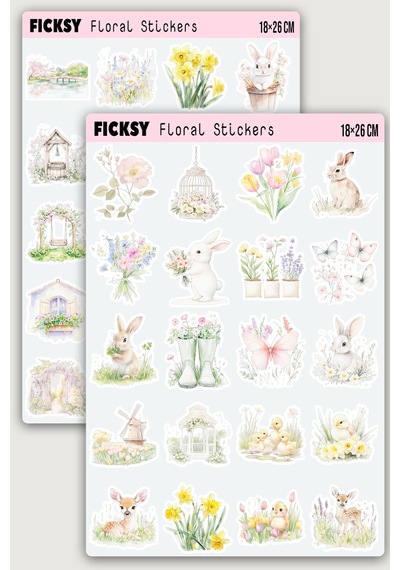 İlkbahar Çiçekleri Temalı Sticker Seti - 40 Adet Etiket Çıkartma Diğer
