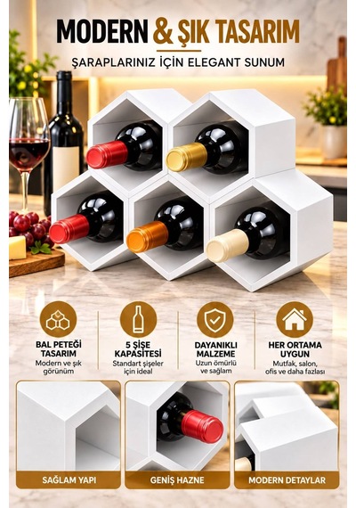 Beyaz Modern Şarap Stand 5 Hazneli Şık Tasarım Şarap Şişe Organizer Stand