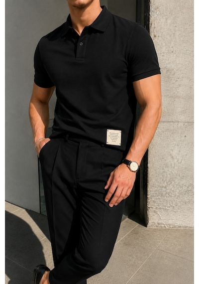 Tarz Cool Erkek Basic Polo Yaka Pamuklu Kısa Kollu Tişört Siyah