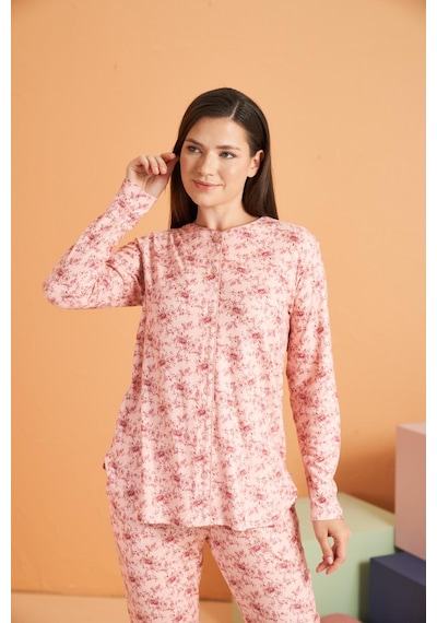 Pjs Kadın Düğmeli Yaka Çiçek Desenli Uzun Kollu Pijama Takım Pembe