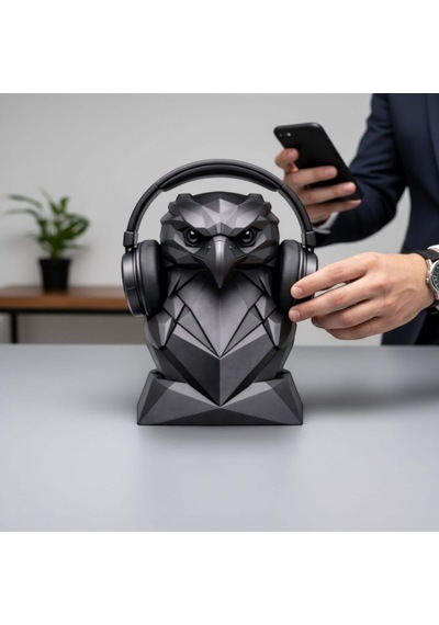 Happy3dworld Kartal Figürlü Kulaklık Standı, 3d Baskı Geometrik Siyah Dekor