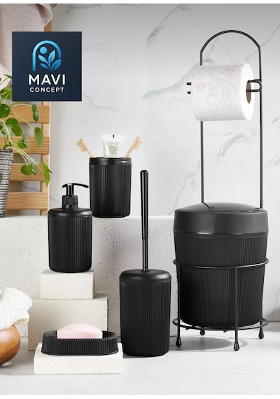 6 Parça Banyo Seti Çöp Kovalı Tuvalet Kağıtlığı-tuvalet Fırçası-sıvı Ve Katı Sabunluk-diş Fırçalık Siyah