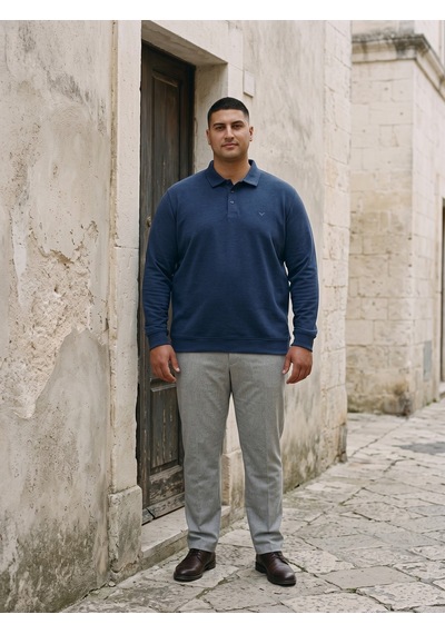 Maccali Erkek İndigo Büyük Beden Polo Yaka Battal Sweatshirt