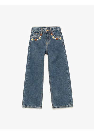 Koton Çiçek İşlemeli Geniş Paça Koyu İndigo Kız Çocuk Jean Pantolon 6wkg40029ad Koyu İndigo