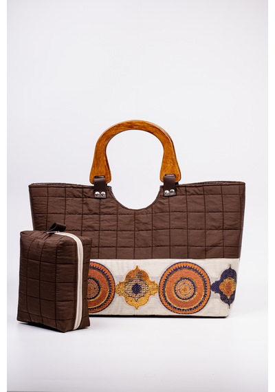 Fabric Craft Bag Ahşap Saplı El Çantası Kahverengi Kapitone 46x30 Cm Kahverengi