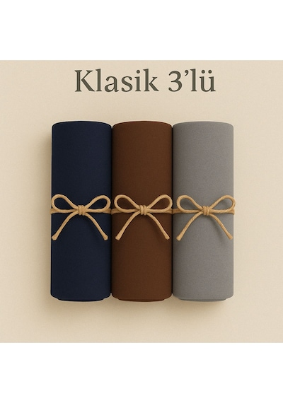Mim Eşarp Penye Pamuksu Şal Klasik 3 Lü Set Lacivert - Kahve - Gri
