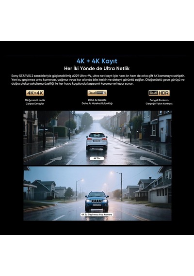 Tr A229 Ultra-w 2 Kameralı Ön Ve Arka Dış Su Geçirmez 4k+4k Sony Starvis 2 Sensörlü Dual Hdr Wi-fi 6 Gps'li Araç