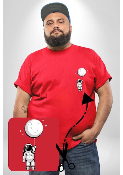 Angemiel Astronot Ay Balon Kırmızı Büyük Beden Kadın Basic Minimal Baskılı Tişört Kırmızı