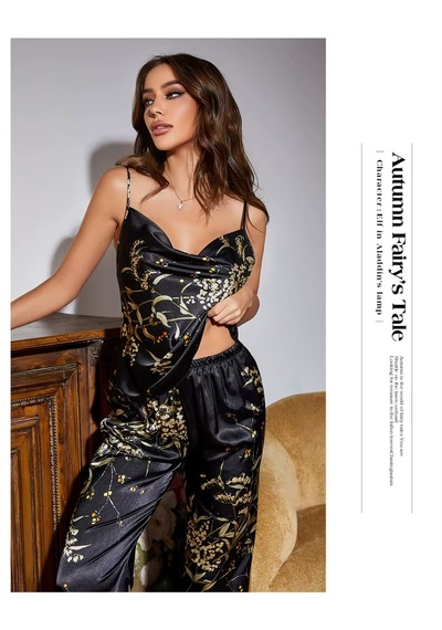 Ece's Design Saten & İpek Görünümlü Pijama Takımı Lüks & Rahat W2014 Siyah