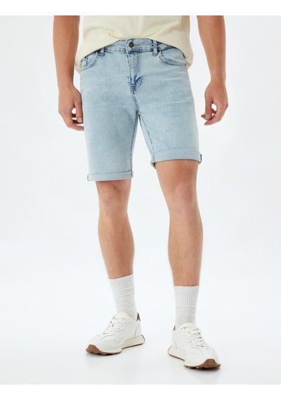 Koton Slim Fit Kot Şort Bermuda Cep Detaylı Pamuklu Bleach 4sam40068ıd Açık Mavi