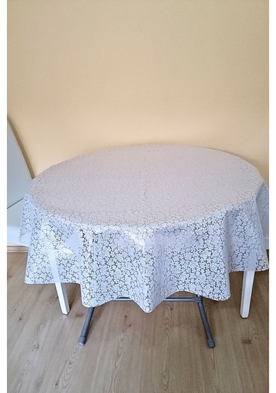 Üstü Şeffaf Muşamba Kaplama Dantel Görünüm Yuvarlak Masa Örtüsü -137 Cm Çap -beyaz Renk-cck Beyaz