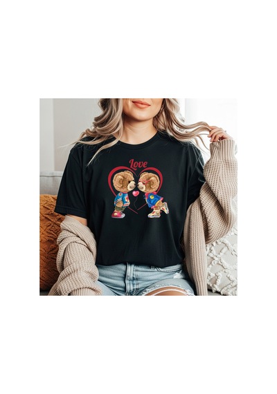 Herkesemoda Love Ayıcık Baskı Detaylı Basic T-shirt Siyah