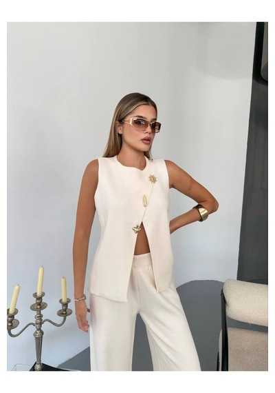 Kechi Woman Gold Aksesuarlı Triko Takım Bej