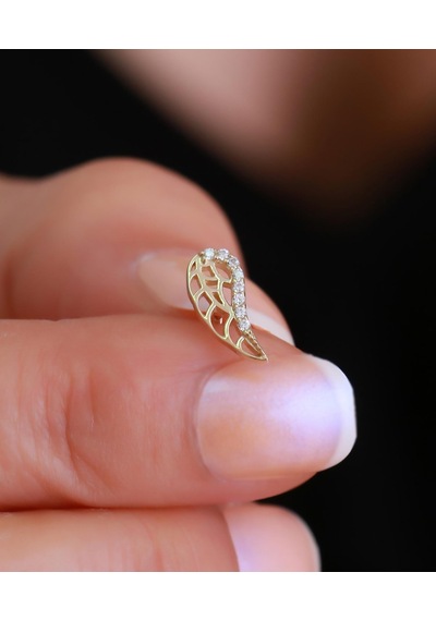 14 Ayar Altın Taşlı Melek Kanadı Tragus Piercing Sarı Altın