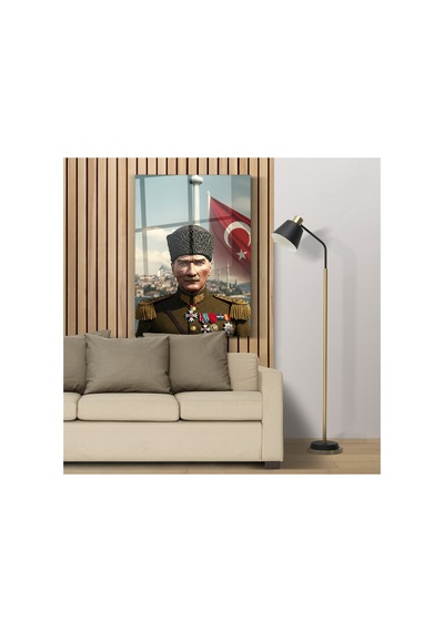 Atatürk Askeri Üniformalı Türk Bayraklı Cam Tablo Mustafa Kemal Atatürk Portresi Ev Ve Ofis Dekoru