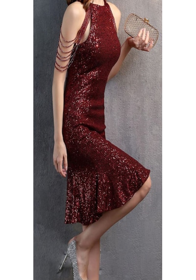 Hanife Glam Couture Hanife Glam Boncuk Detaylı Pulpayet Abiye Elbise Bordo