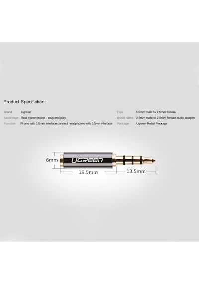 Ugreen 3.5mm Erkek to 2.5mm Dişi Jack Dönüştürücü Çevirici Adaptör