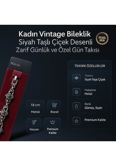 Kadın Vintage Bileklik Siyah Taşlı Çiçek Desenli Zarif Günlük Ve Özel Gün Takısı Siyah - Gümüş