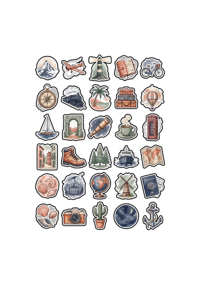 30 Adet Vintage Suluboya Seyahat Sticker Seti - Valiz Laptop Defter İçin Çok Renkli