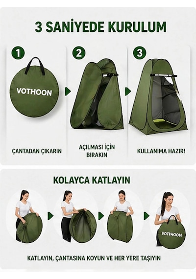 Otomatik Kabin Giyinme Çadırı 120x120x190 Cm Üst Havalandırma Yan Pencereli Duş & Wc Çadırı Yeşil