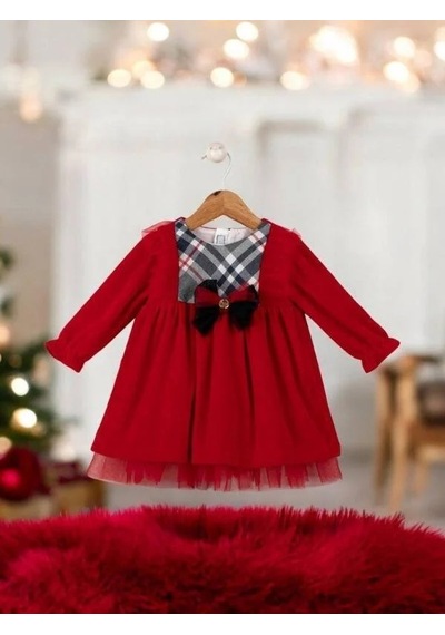 Cantoy Kız Bebek Ekose Desenli Kırmızı Kadife Tasarım Elbise-15221 Kırmızı