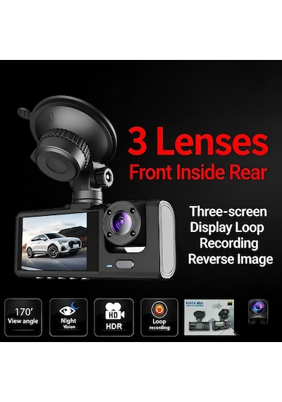 Hasuba 3 Kameralı Araç İçi Kamera 1296p Superhd - 170 Ön, 120 Kabin İçi Ve Arka Geri Vites Kamerası, Wifi Bağlantılı Mobil Uygulama Desteği, Gece Görüşlü, Döngüsel Kayıt Ve G-sensörlü 362