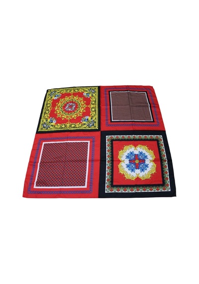Tikitonki Geometrik Desenli Çok Parçalı Saten Kırmızı Eşarp - 90x90 Karışık Karışık