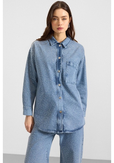 Olcay Taş Bezeli Ceket Pantolon Denim İkili Takım Açık Mavi 9387-tk