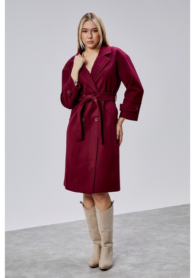Bordo Kuşaklı Oversize Kaşe Kaban Bordo