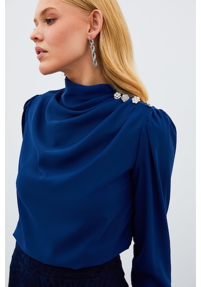Sateen Düğmeleri Taş Detaylı Bluz - Lacivert-134895 Lacivert