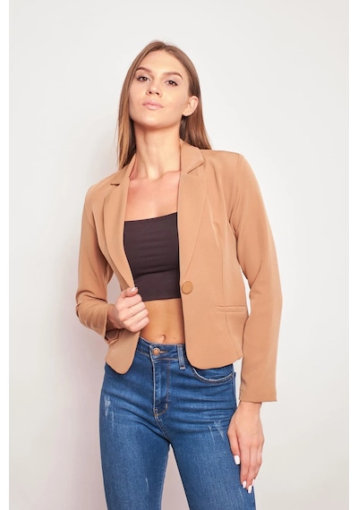 Yakalı Flato Cepli Uzun Kol Pamuklu Kumaş Kısa Blazer Ofis Ceket-camel CAMEL