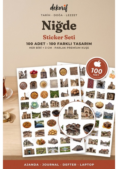 Niğde Sticker Seti 100 Adet - Manastır Su Kemeri Elma Gerçekçi Ajanda Journal Defter Laptop Çıkartma Çok Renkli