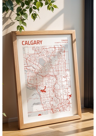 Calgary Kanada Canada Haritası Çerçeveli Tablo Lüks Salon Ofis Duvar Dekorasyonu Hediyelik Tablo Kayın