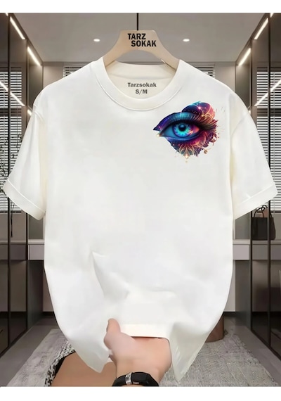 Tarzsokak Unisex Kod 4 Eyelash Desen T-shirt Beyaz